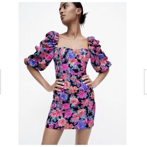 Zara Mini Dress Pink‎ XS Floral Puff Sleeve Belted Romantic Sweet NEW